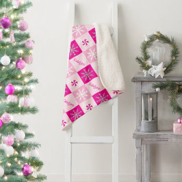 Hot Pink Peppermints & Snowflakes Jouw naam toevoe Sherpa Deken