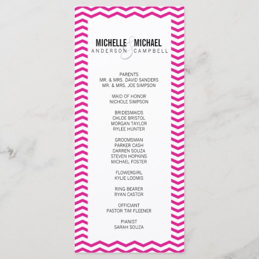 Hot Pink Perfect Chevron / Zig Zag Wedding Program Programmakaart (Achterkant)