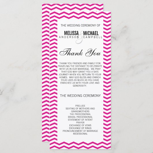 Hot Pink Perfect Chevron / Zig Zag Wedding Program Programmakaart (Voorkant / Achterkant)