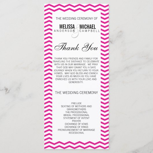 Hot Pink Perfect Chevron / Zig Zag Wedding Program Programmakaart (Voorkant)