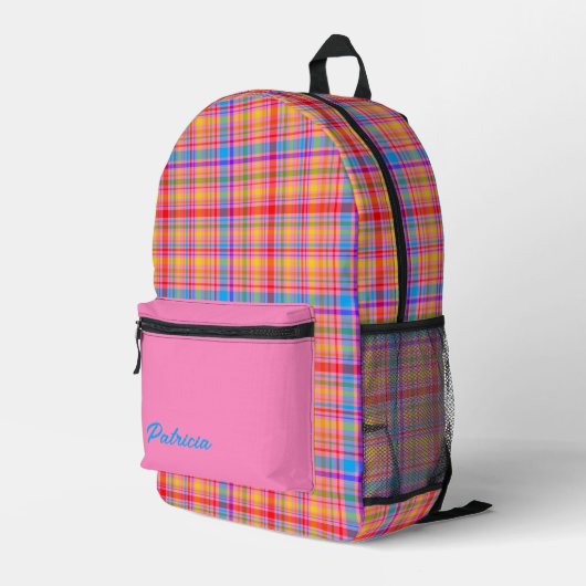 Hot Pink Plaid Fun gepersonaliseerd Bedrukte Rugzak (Achterkant Hoek Rechts)