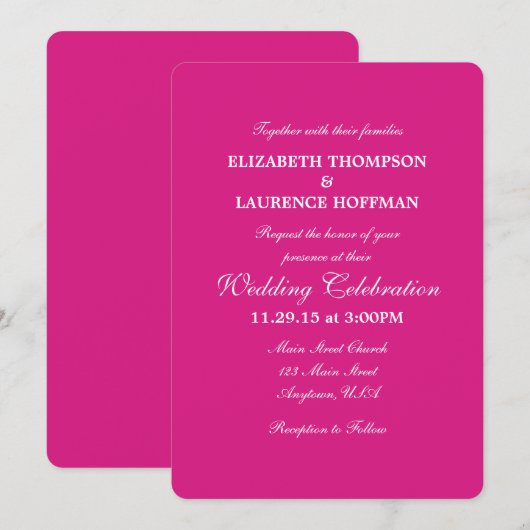 Hot Pink Plain Eenvoudige Uitnodiging van de Huwel (Voorkant / Achterkant)
