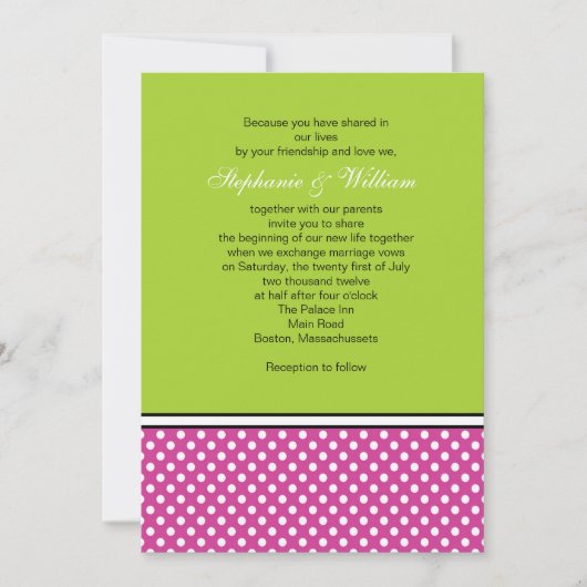 Hot Pink Polka Dot en Green Wedding Invitation Kaart (Voorkant)