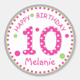 Hot Pink Polka Dot Happy Birthday Number 10 Ronde Sticker