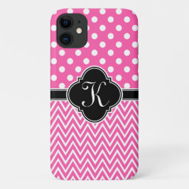 Hot Pink Polka Dots Chevron Quatrefoil Monogram Case-Mate iPhone Case