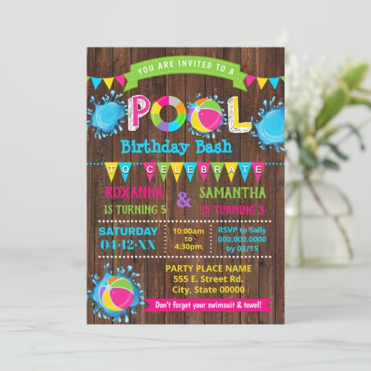 Hot Pink Pool verjaardagsfeest gecombineerd broer Kaart (Staand voorkant)