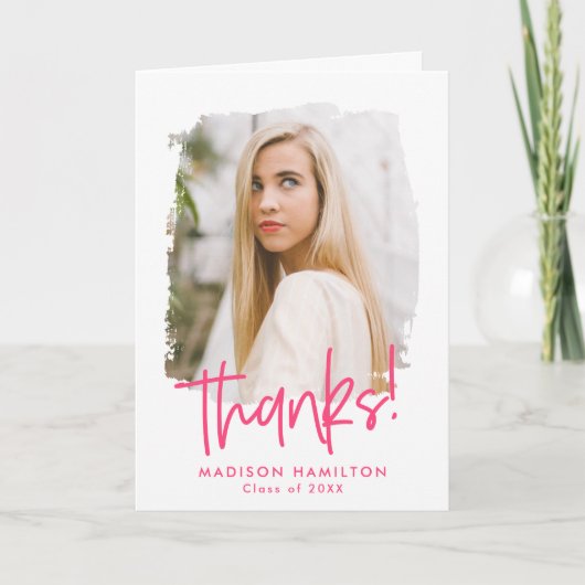Hot pink | Preppy Script Photo Afstuderen Bedankkaart (Voorkant)
