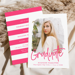 Hot pink | Preppy Script Photo Graduparty Kaart