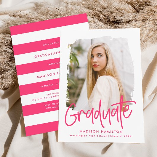 Hot pink | Preppy Script Photo Graduparty Kaart