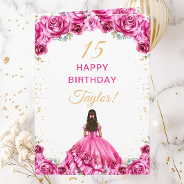 Hot Pink Princess Floral Happy Birthday Kaart