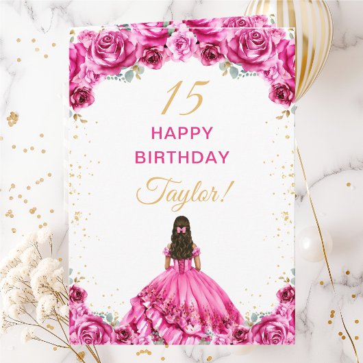 Hot Pink Princess Floral Happy Birthday Kaart