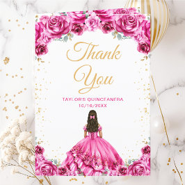 Hot Pink Princess Floral Quinceañera Bedankkaart