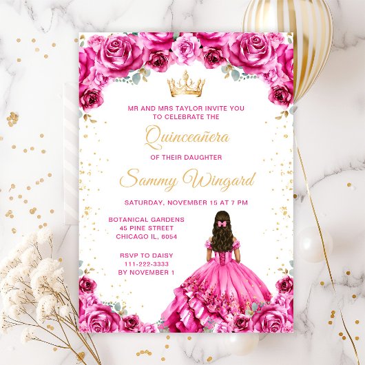 Hot Pink Princess Floral Quinceañera Kaart