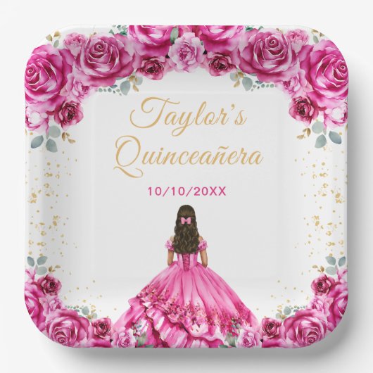 Hot Pink Princess Floral Quinceañera Papieren Bordje (Voorkant)