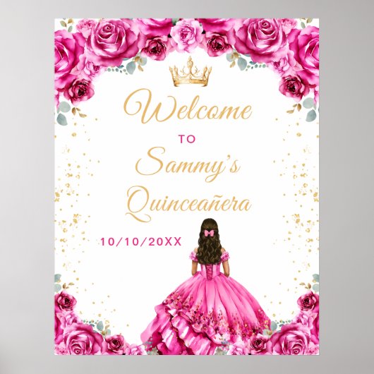 Hot Pink Princess Quinceañera Welkom Poster (Voorkant)