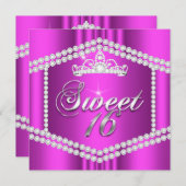 Hot Pink Princess Sweet 16 Party Diamond Trim Kaart (Voorkant / Achterkant)