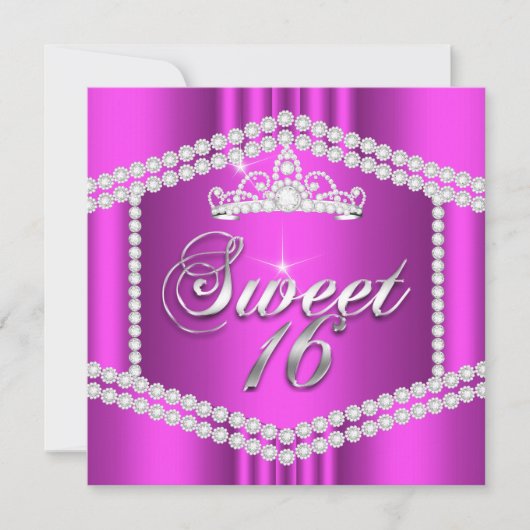 Hot Pink Princess Sweet 16 Party Diamond Trim Kaart (Voorkant)