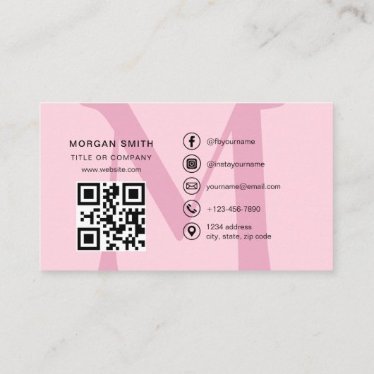 Hot Pink QR Code Script Girly Monogram Naam Visitekaartje (Achterkant)