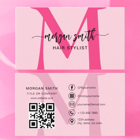 Hot Pink QR Code Script Girly Monogram Naam Visitekaartje