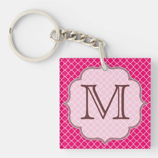 Hot Pink Quarterfoil Latti Monogram Sleutelhanger (Voorkant)