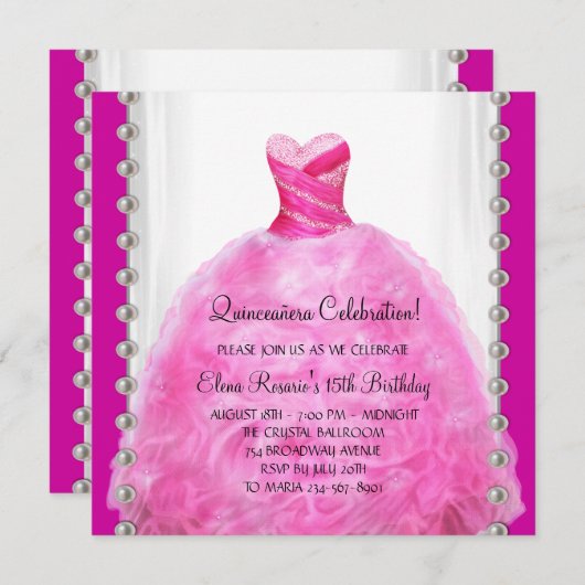 Hot Pink Quinceanera uitnodiging (Voorkant / Achterkant)