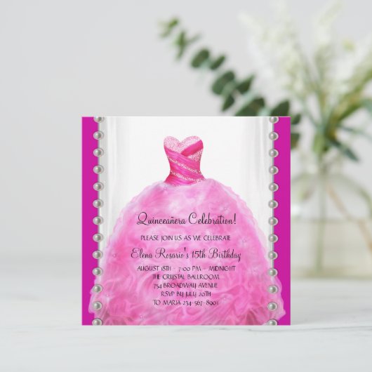 Hot Pink Quinceanera uitnodiging (Staand voorkant)
