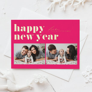 Hot Pink Retro Typografie Happy New Year 2 Foto Folie Feestdagen Briefkaart