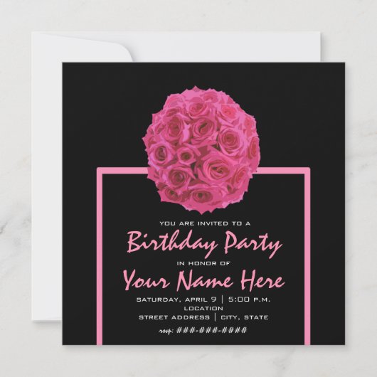 Hot Pink Rose Bouquet Birthday Party Invite Kaart (Voorkant)