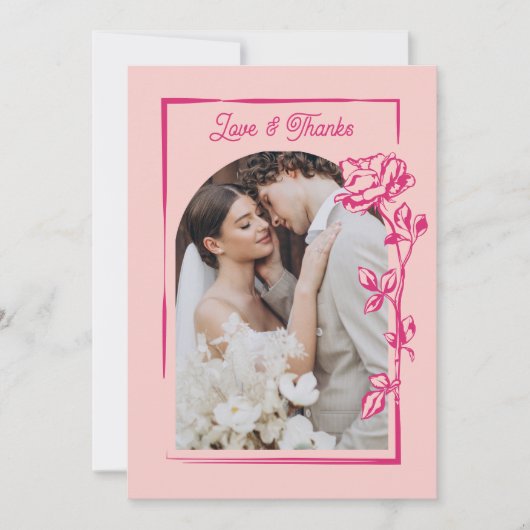 Hot Pink Rose Illustration Photo Wedding Bedankkaart (Voorkant)