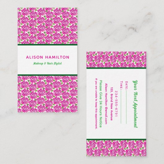 Hot Pink Roses Makeup Hair Stylist Artist Salon  Afsprakenkaartje (Voorkant / Achterkant)