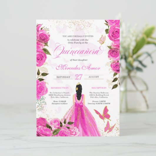 Hot Pink Rozen Butterfly Mariposa Quinceanera Roos Kaart (Staand voorkant)