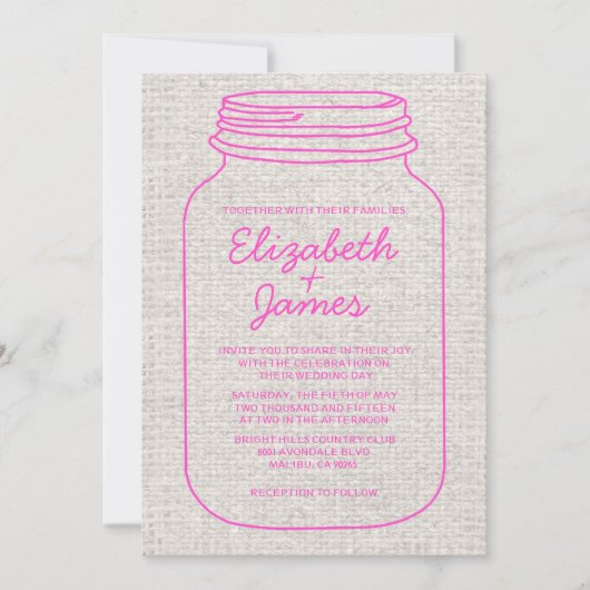 Hot Pink Rustic Mason Jar Wedding Invitations Kaart (Voorkant)