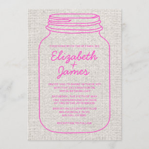 Hot Pink Rustic Mason Jar Wedding Invitations Kaart