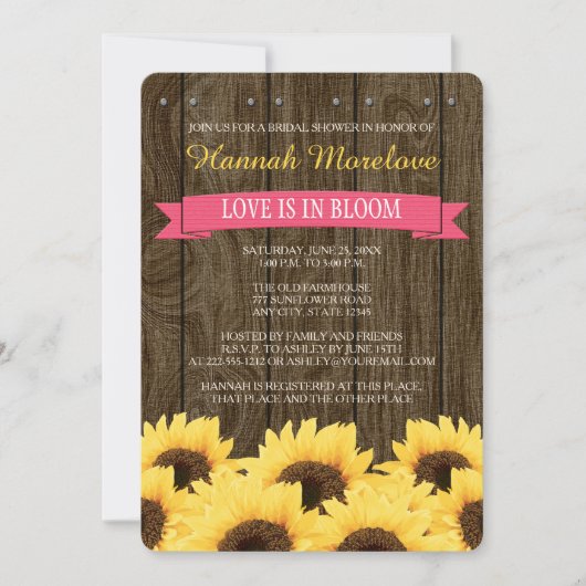 HOT PINK RUSTIC SUNFLOWER VRIJGEZELLENFEEST INVITE KAART (Voorkant)