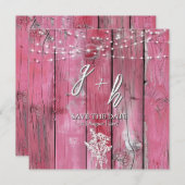 Hot Pink Rustic Wood String Lights Save the Dates (Voorkant / Achterkant)