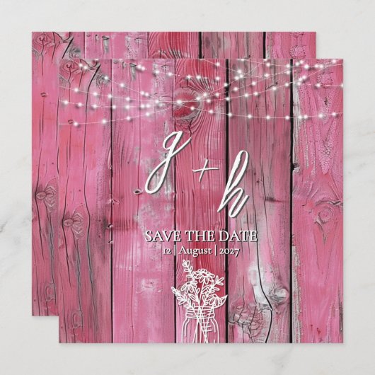 Hot Pink Rustic Wood String Lights Save the Dates (Voorkant / Achterkant)