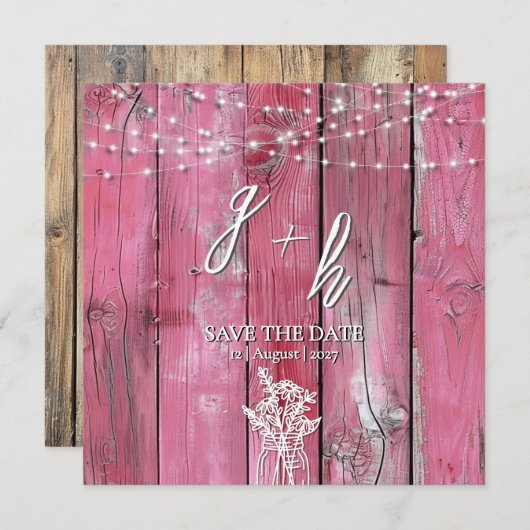 Hot Pink Rustic Wood String Lights Save the Dates (Voorkant / Achterkant)