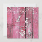 Hot Pink Rustic Wood String Lights Save the Dates (Voorkant)