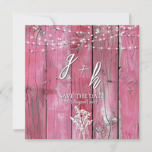 Hot Pink Rustic Wood String Lights Save the Dates (Voorkant)