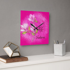 Hot Pink Sakura Wall Clock Vierkante Klok