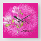 Hot Pink Sakura Wall Clock Vierkante Klok (Voorkant)