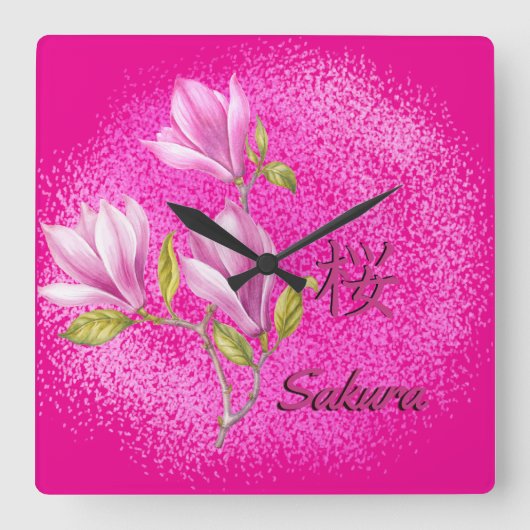 Hot Pink Sakura Wall Clock Vierkante Klok (Voorkant)