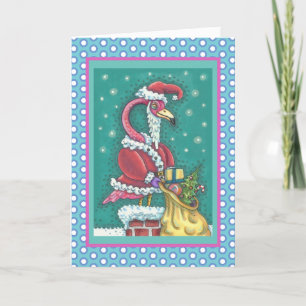 HOT PINK SANTA FLAMINGO CHRISTMAS WENSKAART V FEESTDAGEN KAART