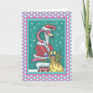 HOT PINK SANTA FLAMINGO CHRISTMAS WENSKAART V FEESTDAGEN KAART
