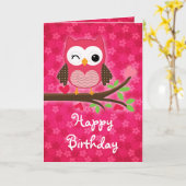 Hot Pink Schattige Uil Girly Happy Birthday Kaart (Gele Bloem)