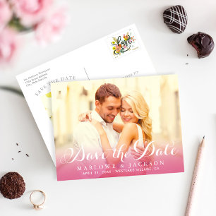 Hot Pink Script Overlay Foto Opslaan van de datum Aankondigingskaart