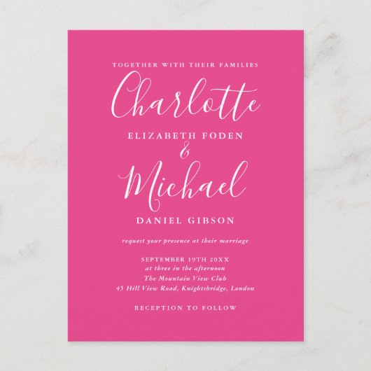 Hot Pink Signature Script Wedding Uitnodiging Briefkaart (Voorkant)