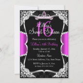 Hot Pink Silver Black Tiara Sweet 16 Uitnodiging (Voorkant)