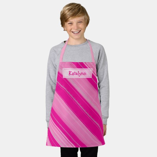 Hot Pink & Silver Candy Cane Stripe Jouw naam toev Schort (Gedragen)