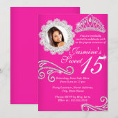 Hot Pink Silver Diamond Tiara Foto Quinceanera Kaart (Voorkant / Achterkant)